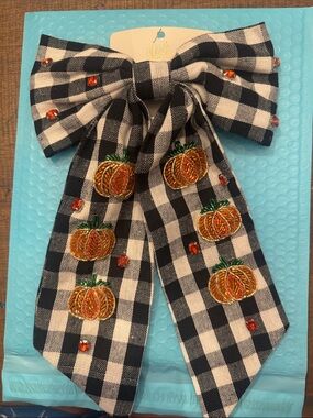 Kids Black & White Gingham Bow with Embroidered Orange Pumpkins -